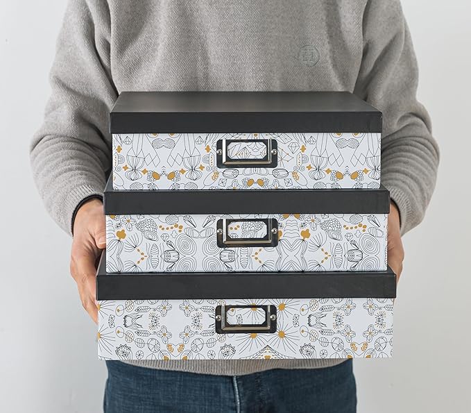 SLPR Decorative Cardboard Storage Boxes With Lids for Home Décor, Set of 3 Pretty Black and Gold Photo Storage, Memory Boxes For Keepsakes, Documents, Letter Papers, Organizing