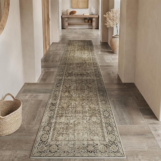 PureCozy Brown Runner Rug 2x10 Vintage Area Carpet Hallway Long Indoor Kitchen Washable Living Room Low Pile Traditional Distressed Retro Accent Throw Rug Non Slip Laundry Bathroom Office Dining Room