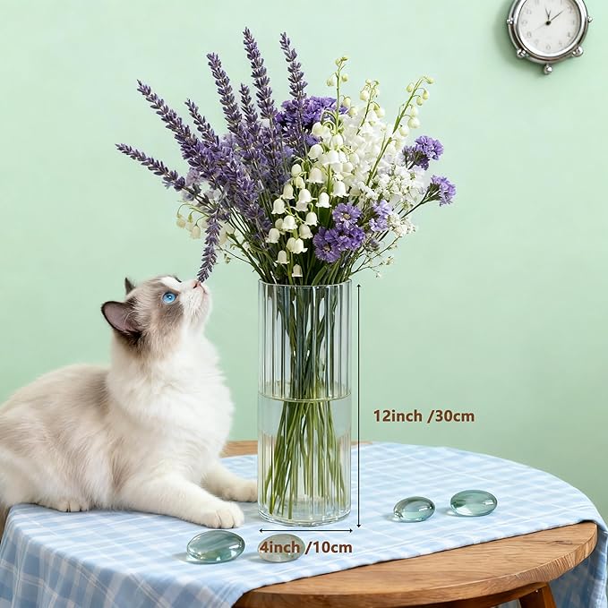Flower Vase, Non-breakable Vase for Flower, Ribbed Acrylic Vase, 4"W x 12"H Tall Clear Cylinder Vases for Centerpieces, Living Room, Dining Table, Office, Bookshelf Decoration Housewarming Gift