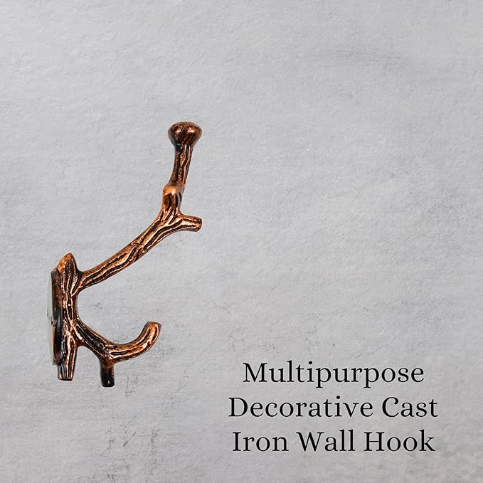 Set of 3 Cast Iron Tree Branch Shape Coat Hooks Wall Art Decor-Branch Shape Hangers and Key Holder-Clothes Rack and Backpack Hanger-Coat Hooks Home Decor for Storage,Living (Copper Antique)