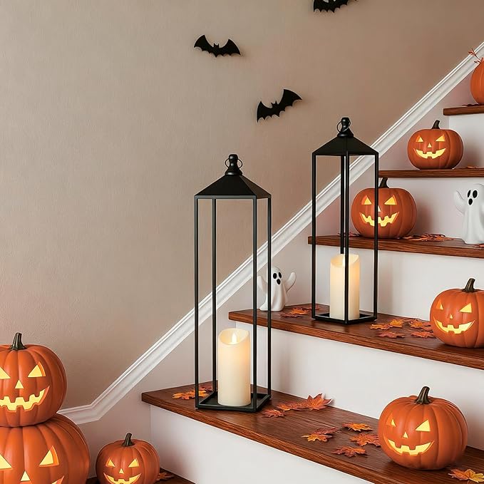 22'' 19'' Large Lanterns Decorative Outdoor Indoor, Set of 2 Black Metal Candle Lanterns Christmas Lanterns Modern Farmhouse Floor Lanterns Decorative for Home Decor, Mantle, Patio, Porch, Garden