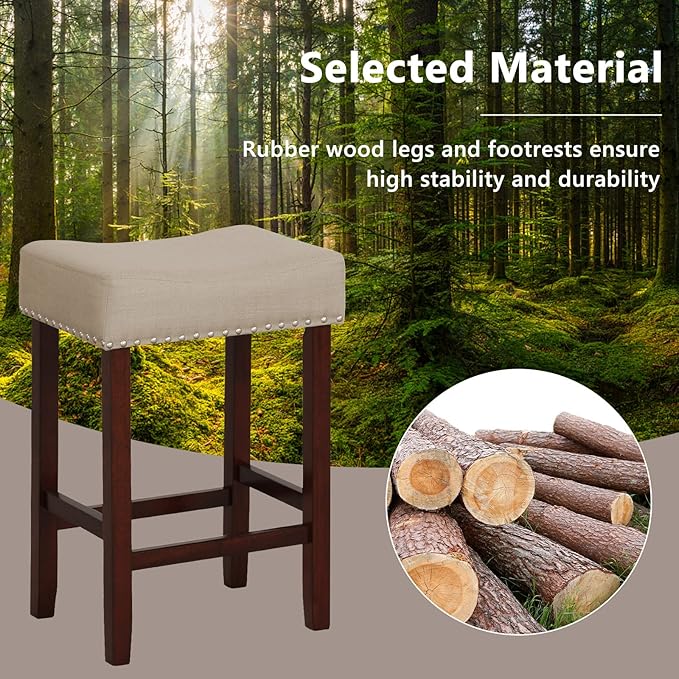 Giantex 25" Counter Height Bar Stools Set of 2 - Backless Saddle Barstools with Nailhead Linen Foam Seat, Max Load 330 Lbs Wood Bar Stools with Foot Rest for Kitchen Island, Khaki