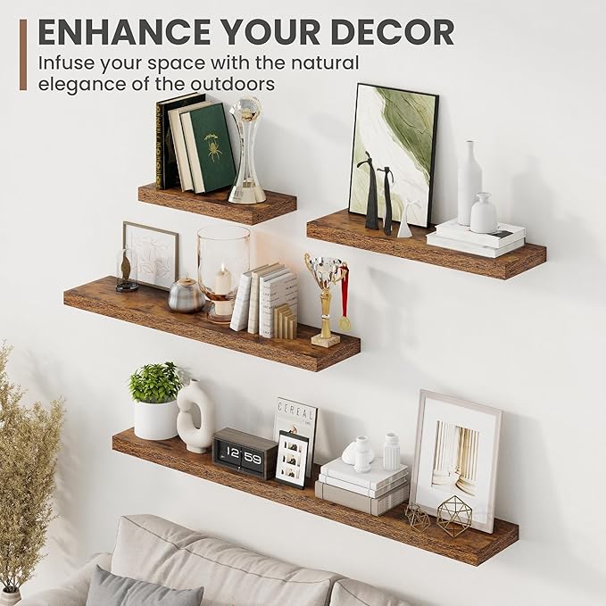 24 Inch Floating Shelves, 8 Inch Deep Floating Shelves for Wall, Hanging Shelf with Invisible Brackets, Deep Shelves for Bathroom, Bedroom, Living Room, Brown, Set of 2