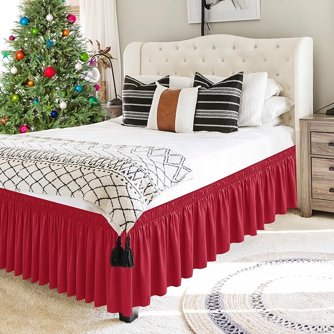 Biscaynebay Wrap Around Bed Skirts for King & Cal King Beds Short Drop of 12", Red Adjustable Elastic Dust Ruffles Easy Fit Wrinkle Resistant Silky Luxurious Fabric Machine Washable
