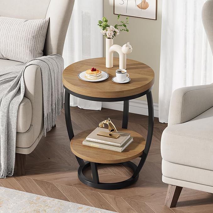 Round End Table, 2 Tier Industrial Side Table, Nightstand with Metal Frame, Accent Bedside Table with Storage Shelves for Living Room, Bedroom, Small Spaces, Light Brown & Black
