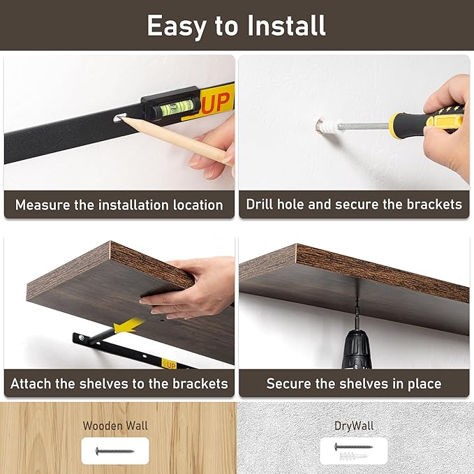 Floating Shelves for Wall - 2 Pack 30 Inch Long Rustic Wooden Display Shelves - 8 Inch Deep Wall Mounted Storage Shelf with Invisible Heavy-Duty Brackets for Books, Bathroom, Kitchen - Rustic Brown