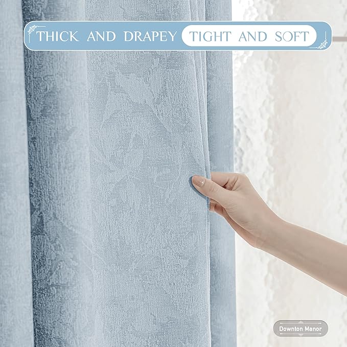 Beauoop Blue Floral Jacquard Blackout Curtains 72 Inches Long 2 Panels for Bedroom Living Room Chenille Flower Room Darkening Thermal Insulated Soundproof Rod Pocket Back Tab Window Drapes 52x72