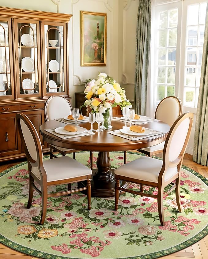 AREAMAY Floral Washable Round Area Rug - 6x6 Round Rugs Living Room Rug Soft Non-Slip Low Pile Large Indoor Accent Circle Carpet for Closet Bedroom Dining Room Home Office Nursery, 6ft Green
