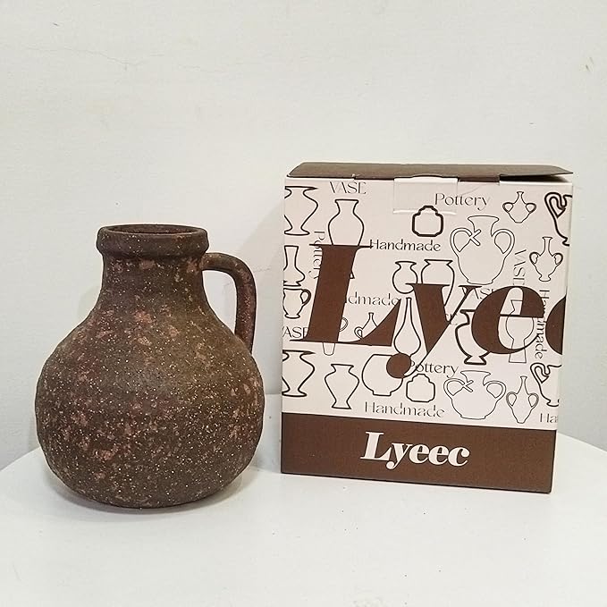 Ceramic Flower Rustic Vase, 7 inch Farmhouse Rusty Vases for Home Decor Handcrafted Pottery Vase Small Terracotta Vases for Dining Table Decor Fireplace Living Room Bathroom Wedding Centerpiece