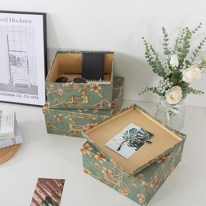 Soul & Lane Decorative Cardboard Storage Boxes - Set of 3 Square Stacking Boxes with Lids and Gold Label Holders, Nesting Photo Storage for Decor and Organizing, Botanical Sage