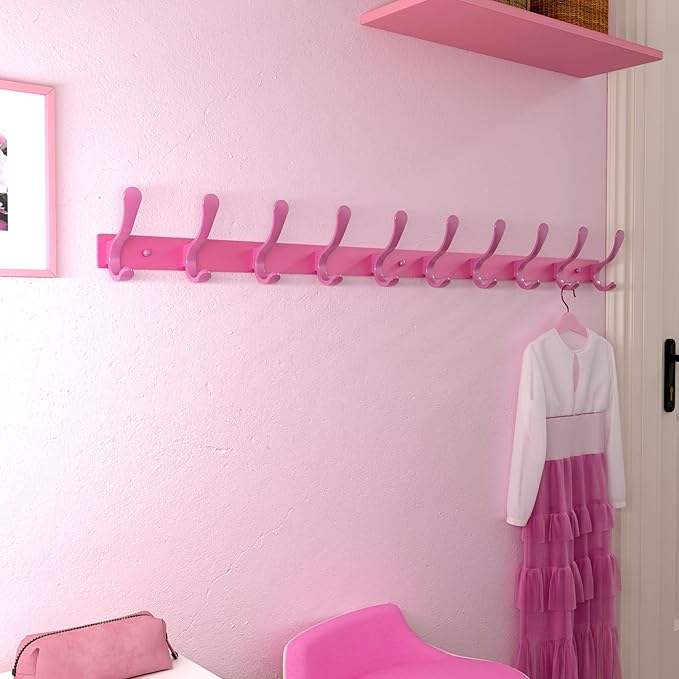 SKOLOO Coat Rack Wall Mounted - 10 Hooks, Heavy Duty, Stainless Steel, Metal Wall Hanger, Sturdy Coat Hooks for Hanging Coats, Jackets, Clothes, Hats - Pink