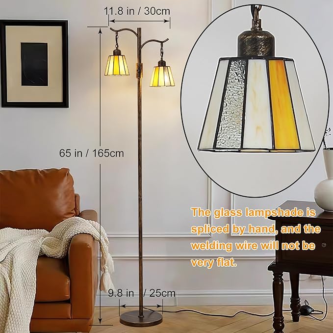 Asmymhd Vintage Dimmable Floor Lamp, Tiffany Standing Lamp with 2 Stained Glass Shades, Rustic Farmhouse Floor Lamp with Bronze Finish for Living Room Bedroom
