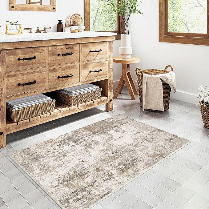 WondRg 2x3 Washable Area Rug Brown Grey Abstract Entryway Kitchen Throw Rug Neutral Modern Non Slip Soft Low Pile Small Carpet for Bathroom Living Room Bedroom