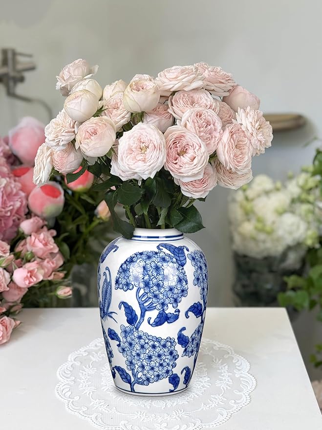 Blue and White Ceramic Vase, 8.4 Inch Hydrangea Decorative Flower Vase for Living Room Dining Table Centerpieces Bookshelf Farmhouse Chinoiserie Style Home Décor