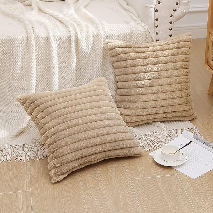 Pallene Faux Fur Plush Throw Pillow Covers 26x26 Set of 2, Luxury Soft Fluffy Striped Decorative Pillow Covers for Sofa, Couch, Living Room, Khaki