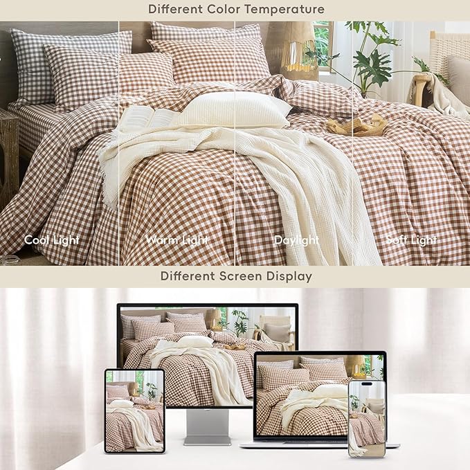 MooMee Gingham Duvet Cover Set 100% Washed Cotton Linen Like Textured Breathable Durable Soft Comfy Modern Checkered Design (Dark Orange Gingham, Super Queen 90"x98")