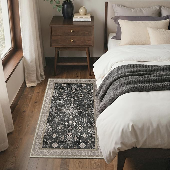 GENIMO 5x7 Area Rugs for Living Room,Machine Washable Non-Slip Vintage Rug, Low Pile Lightweight Carpet for Bedroom, Dining Room, Home Office, Stain & Fade Resistant,Black