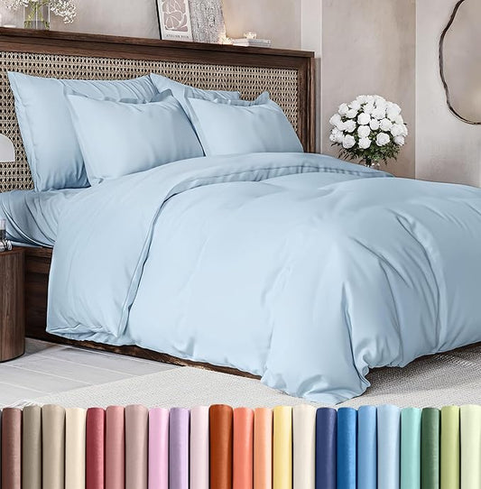 Duvet Cover Cal King Size Set - Extra Soft Cal King Size Duvet Cover 104 x 98 with 2 Pillow Shams - Hotel Luxury Easy Care and Fade Free w/Zipper Closures & Ties - Breathable Bedding Set (Light Blue)
