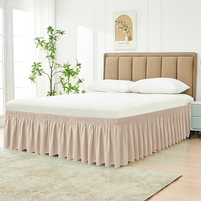 Biscaynebay Wrap Around Bed Skirts with Adjustable Belts for Twin & Twin XL Beds 15" Drop, Sand Elastic Dust Ruffles Easy Fit Wrinkle Resistant Silky Luxurious Fabric Machine Washable