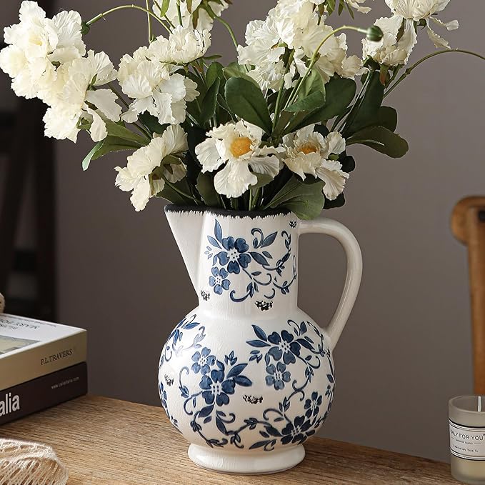 Blue and White Vintage Vase with Handle, Ceramic Chinoiserie Floral Pitcher Vase, Blue Large Vases for Home Decor Living Room, Rustic Table Centerpiece Grand Millennial and Tuscan Decor 8.7 Inch