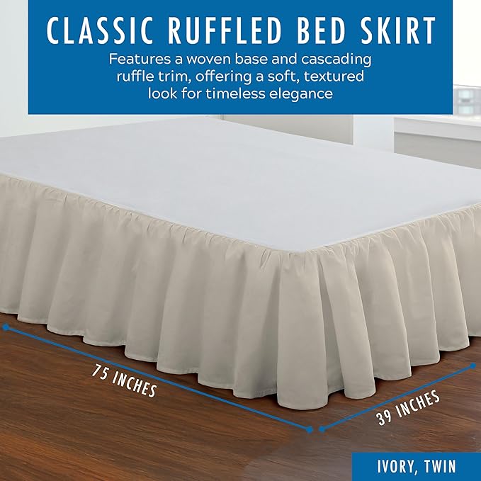 FRESH IDEAS Bedding Ruffled Bedskirt, Classic 14” Drop Length, Gathered Styling, Twin, Ivory (FRE30114IVOR01)