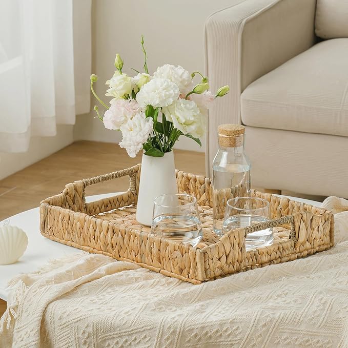 Rectangle Wicker Scalloped Serving Tray with Handles - Seagrass Handwoven Trays,Water Hyacinth Tray for Home Decor and Living Room, Dining Table, Bathroom Organizing, 17.3" L x 13.4" W x 3.6" H