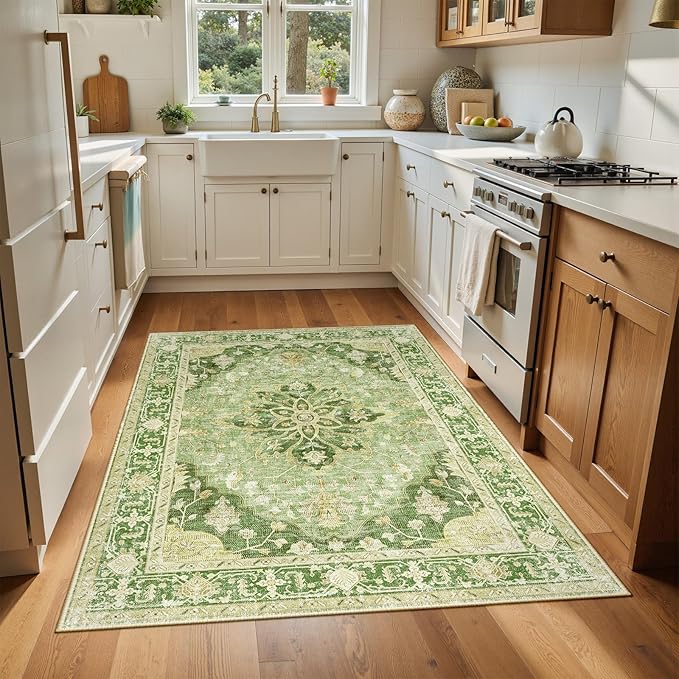 RELEANY Area Rugs 4'x6' Washable Non-Slip, Floral Vintage Distress Print Pattern Medallion Carpet for Living Room Bedroom Dining Room, Sage Green Yellow