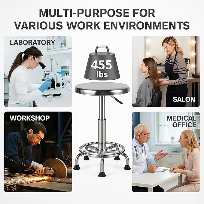 Adjustable Work Stool, Stainless Steel Office Chair, Round Stool Chair, Designed Ergonomics, Non-Slip Foot Pads