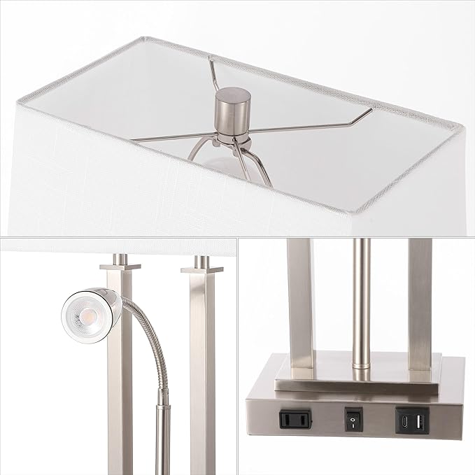 JONATHAN Y JYL1144C Blaire 23.75" 2-Light Modern Farmhouse Metal LED Table Lamp with USB Charging Port for Bedroom, Living Room, Office, Adjustable Reading Light and AC Outlet, Nickel