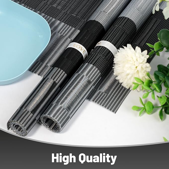 Placemats Set of 12，Non-Slip PVC Weave Table Mats Easy to Clean，Heat Resistant Place Mats for Kitchen Dining Table Decoration Indoor Outdoor，Black Gray