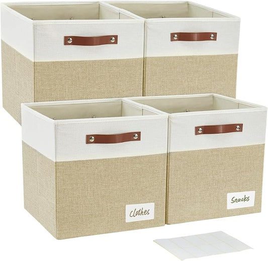 Collapsible Fabric Storage Cube Bins with 2 Reinforced PU Handles, Foldable Storage Organizer Baskets for Closet, Shelves, Living Room | 11"x11"x11", 4 Pack, Beige & White