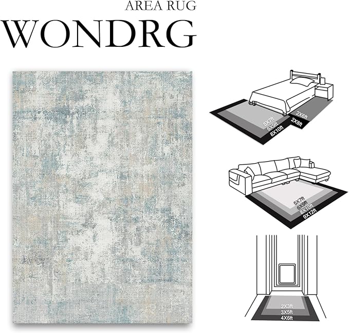 WondRg 2x3 Washable Area Rug Blue Cream Abstract Entryway Kitchen Throw Rug Neutral Modern Non Slip Soft Low Pile Lightweight Small Carpet for Bathroom Living Room Bedroom