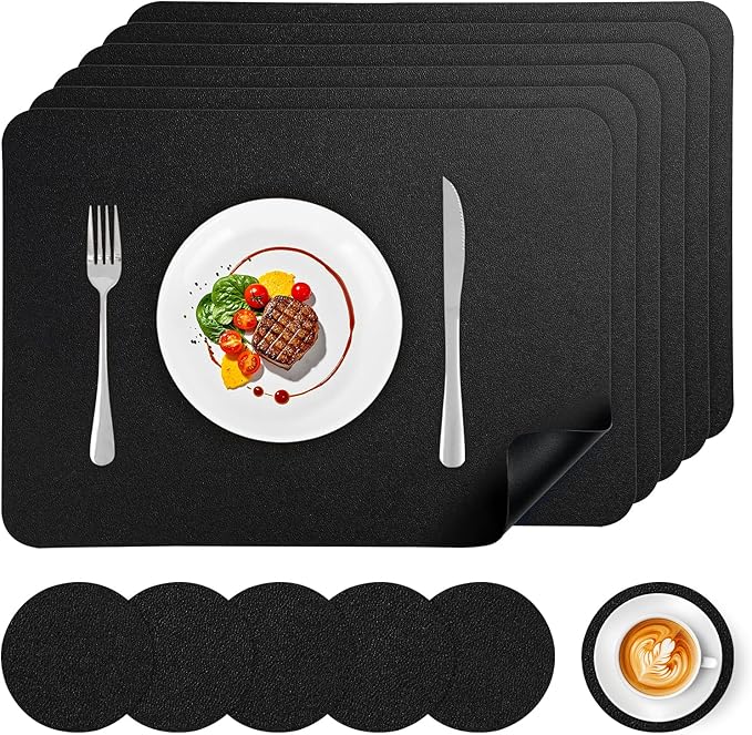 Faux Leather Placemats Set of 6, Vinyl Placemats Heat Resistant Place Mats, Waterproof Oil-Proof Wipeable Dining Table Mats and Coasters for Kitchen, Indoor, Outdoor (Black)