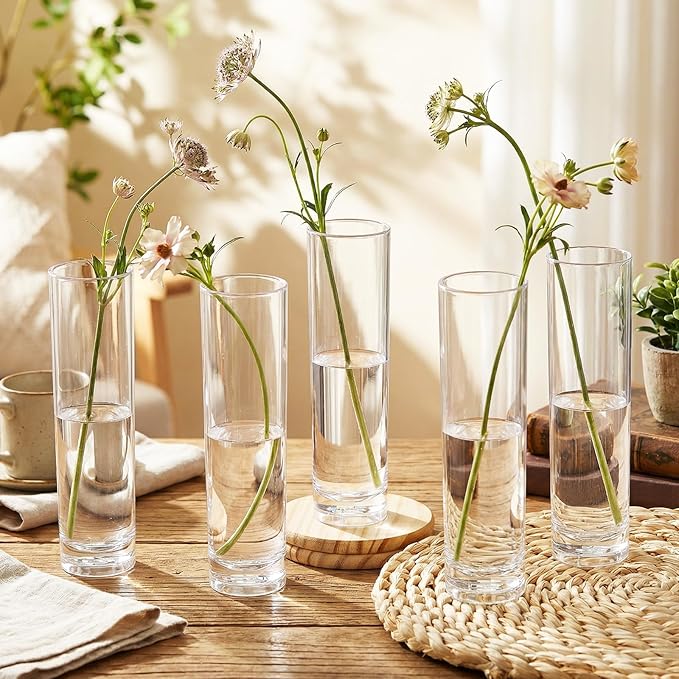 48 Pcs Acrylic Cylinder Bud Vases for Centerpieces, Acrylic Tall Flower Vase Clear Small Vases Bulk for Single Rose Table Centerpiece Wedding Home Decor Indoor Desk Office Party Decorations