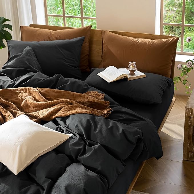 MooMee Bedding Duvet Cover Set 100% Washed Cotton Linen Like Textured Breathable Durable Soft Comfy (Solid Black, Queen 90"x90")