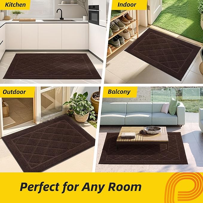 JSEI Dirt Trapper Door Mat 24"x36", Non-Slip Washable Entryway Mats, Dog Door Mat, Stain Resistant and Absorbent Floor Mats, Low Profile Welcome Mat for Front Back Door, Brown