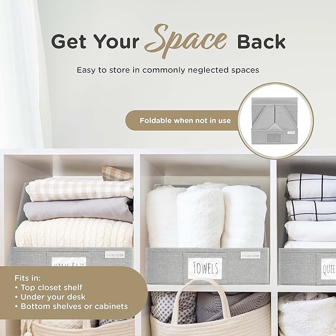 Trapezoid Closet Bins for Shelves – 12x12x10 Fabric Storage Baskets, Closet Organizers Bins, Open Front Fabric Baskets, Collapsible Organizer Boxes for Clothes, Linen – Light Gray, 3 Pack