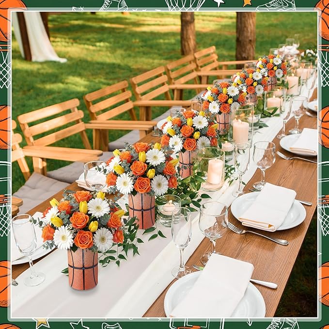 6 Set 5 Inch Basketball Vase Table Centerpiece Sports Style Round Basketball Runner Flower Box with Paper Removable Foam Vase for Home Artificial Flower Utensil Holder Kitchen Party Decor