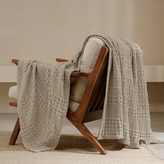 PHF 100% Cotton Waffle Weave Throw Blanket, Soft Lightweight Breathable Cozy Throws for Couch Bed Sofa, 300 GSM Luxury Aesthetic Blanket Gift for Home Decor & Office, 50"x60", Taupe