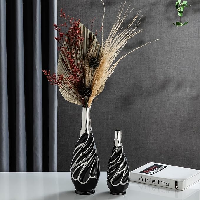 Yundu Black with Silver Pampas Grass Vase Set of 2 - Ideal for Living Room, Shelf, Coffee Table Décor, Boho & Modern Centerpieces Flowers Vases