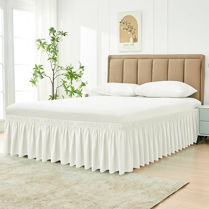 Biscaynebay Wrap Around Bed Skirts for Full & Full XL Beds 15" Drop, Ivory Adjustable Elastic Dust Ruffles Easy Fit Wrinkle & Fade Resistant Silky Luxurious Fabric Machine Washable