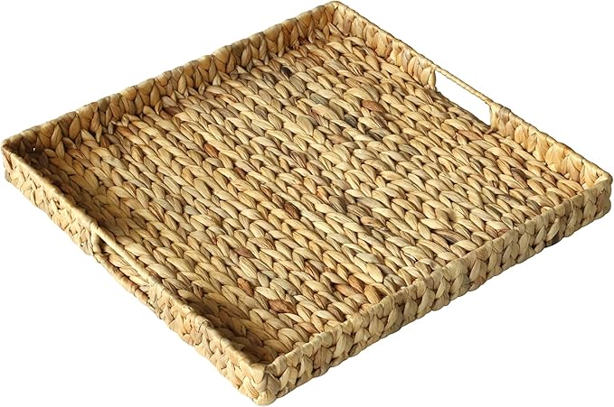 Extra Large Square Ottoman Table Tray 19.7" with Handles - Handmade Wicker Serving Hand Woven Tray for Farmhouse Decorative Oversized Coffee Table Trays Living Room Kitchen Counter Breakfast