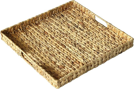 Extra Large Square Ottoman Table Tray 19.7" with Handles - Handmade Wicker Serving Hand Woven Tray for Farmhouse Decorative Oversized Coffee Table Trays Living Room Kitchen Counter Breakfast