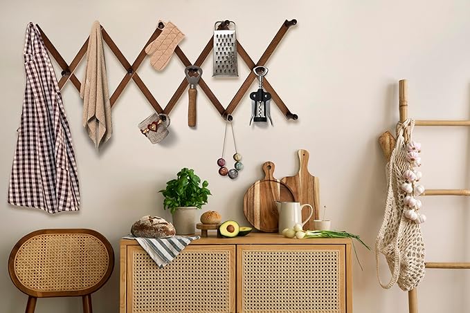 Expandable Wooden Coat Rack Hanger – Accordion Wall Mounted Pine Wood Hooks – Hand Made Vintage Expending Pegs – Hang Coat, Jacket, Hat, Leash, Towel, Mug, Bag – 14 Hook Dark Walnut