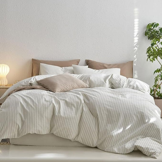 MooMee Striped Duvet Cover Set 100% Washed Cotton Linen Like Textured Breathable Durable Soft Comfy (White Sage Green Wide Stripes, Full 80"x90")