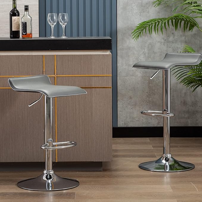 NOBPEINT Contemporary Chrome Air Lift Adjustable Swivel Bar Stool, Set of 2, Gray