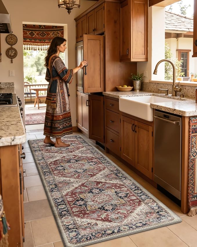 DEXI Kitchen Floor Mats Anti Fatigue, 17x59 Cushioned Vintage Runner Rug Waterproof, Standing Comfort Memory Foam Padded for Front Sink Laundry Office, Beige and Red
