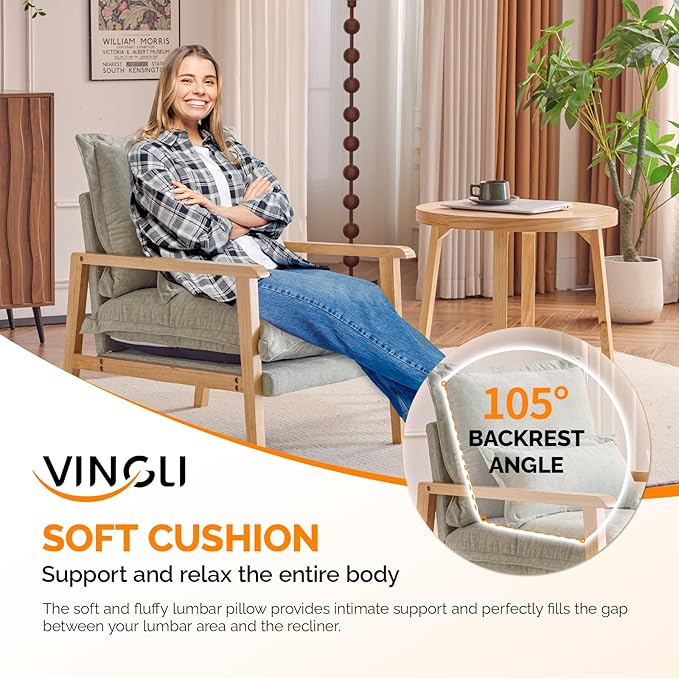 VINGLI Mid-Century Modern Cloud Accent Armchair with Lumbar Pillow, 6.3'' Thick Seat Cushion Comfy Reading Chair with Wooden Armrests，Boho Lounge Chair for Bedroom, Living Room, Chenille, Sage Green