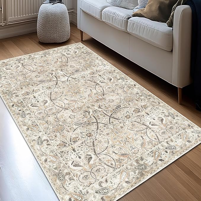 Fortsea 4x6 Beige Washable Rug, Non Slip Low Pile Vintage Floor Mat for High-Traffic Entryway & Kitchen (4x6, Beige)