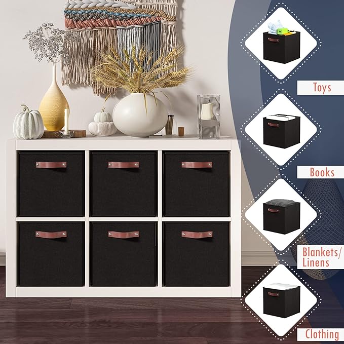 Ornavo Home 13 x 15 x 13 Kallax Storage Cube Bins, Foldable Collapsible Fabric Storage Bins Box Linen Shelf Basket Cube Organizer for Closet with Leather Handles, 6 Pack, Black